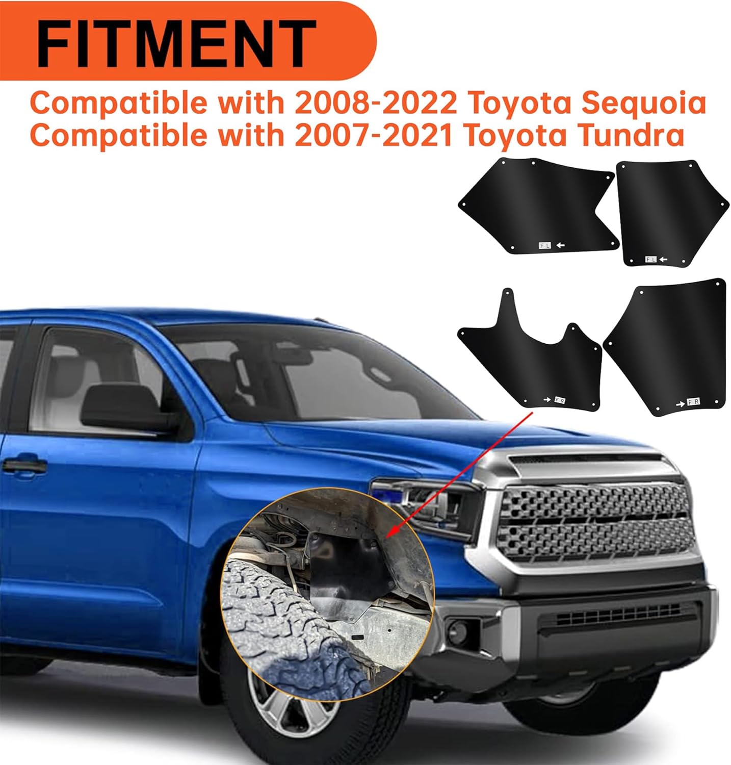 

Front Splash Guards for 2007-2025, 4Pcs Mud Flaps with Clips, Compatible with 537370C030 537360C030 537390C020 United States