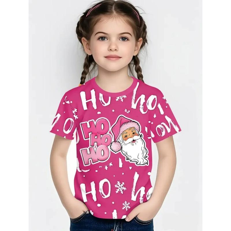 Round Neck 3D Christmas Theme Printed Short Sleeved Children's Girl T-shirts - Soft Medium Stretch Polyester Fabric Summer Relaxed Fit Clothing