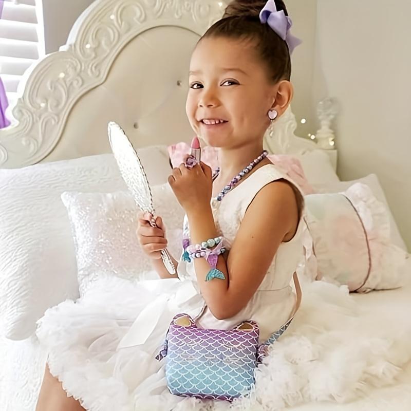 Girls Jewelry Purse Bracelet Necklace Earrings Set Dress up Pretend Play Gifts Kids Toddler for Princess Birthday Crossbody Bag