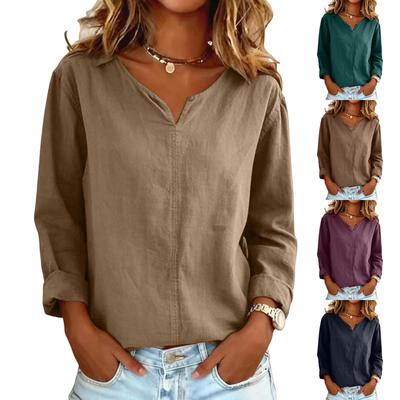 Ladies' Color Retro Shirt Casual Loose V-neck Long Sleeved Slit Cotton Linen Shirt
