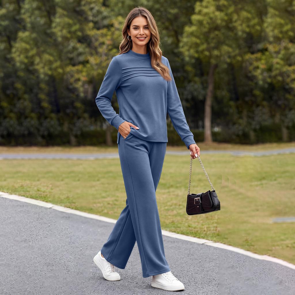 Women's Casual 2 Piece Track Suit with Long Sleeve Round Neck Sweatshirt and Wide Leg Pants, Side Slit Hem