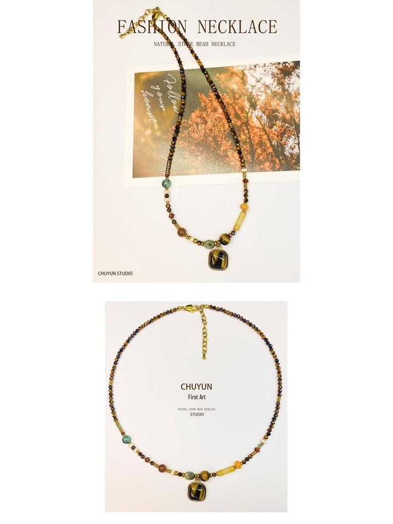 Original Natural Stone Beaded Colorful Necklace – High-End Crystal Retro Collarbone Chain