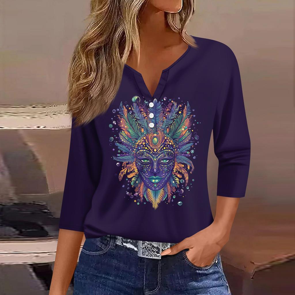 T-skjorte for kvinner T-skjorte med knapp 3/4-ermet Daglig helgmote Basic V-hals vanlig topp