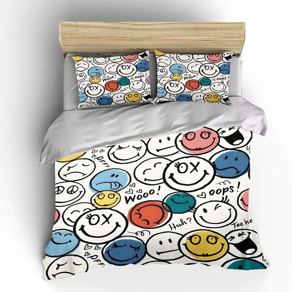 Vibrant Cartoon Smiley Faces Pattern Print Bedding Set 1 Duvet Cover 2 Pillowcases for Adult and Children Luxury Gift Full Size