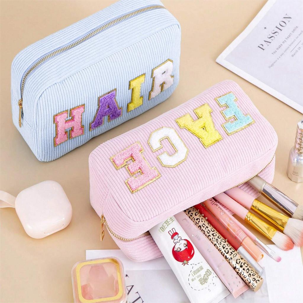 Cosy Velvet Makeup Bag With Embroidered Letters For Travel And Beauty Storage