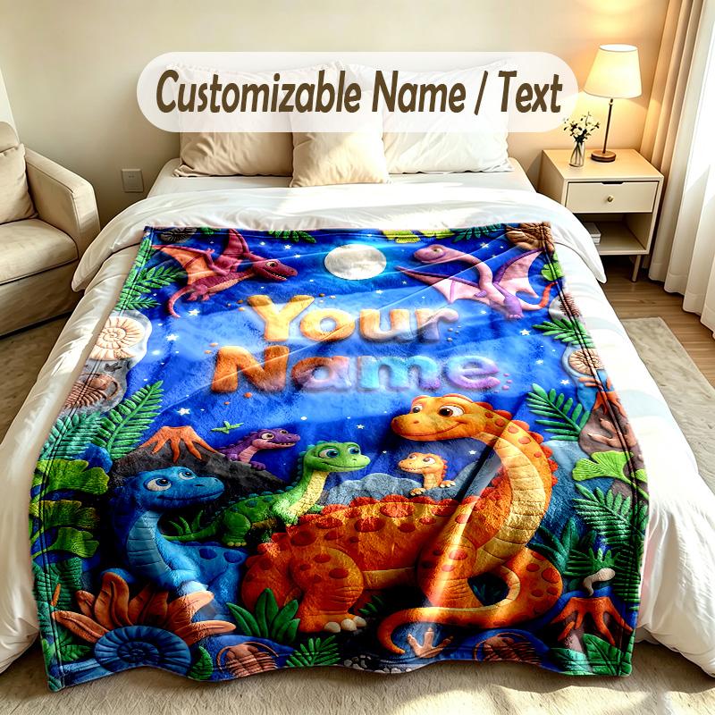 Dinosaur Theme Custom Blanket Personalized Name & Text Customized Soft Warm Throw Blanket Home Decor