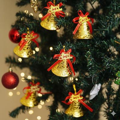 Merry Christmas Bells (Set of 6) Golden Jingle Bells with Red Ribbon | Christmas Tree Decoration Items .Props | Decorations Items for Home Church