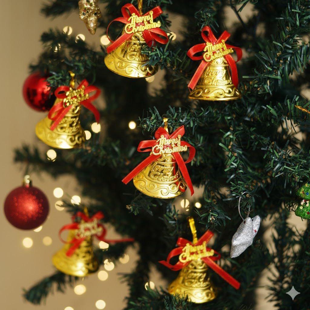 Merry Christmas Bells (Set of 6) Golden Jingle Bells with Red Ribbon | Christmas Tree Decoration Items