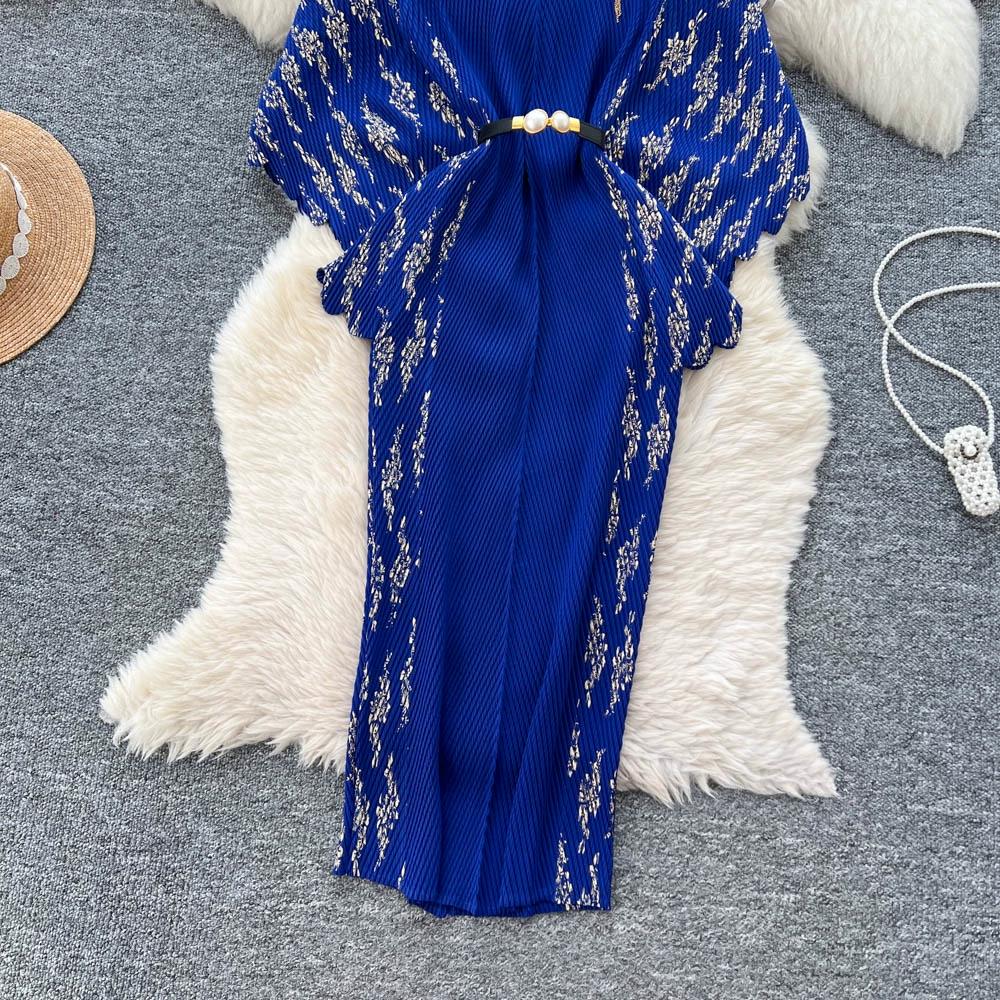 Jarní podzimní dámské elegantní 3D květinový tisk Miyake s přehybem a netopýřím rukávem, nadměrné volné skládané šaty s páskem