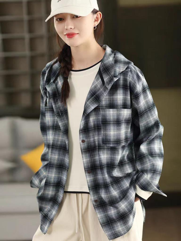 Johnature Women Vintage Plaid Shirts Hooded Autumn Blouses Button Long Sleeve Loose Cotton Soft Female Casual Shirts