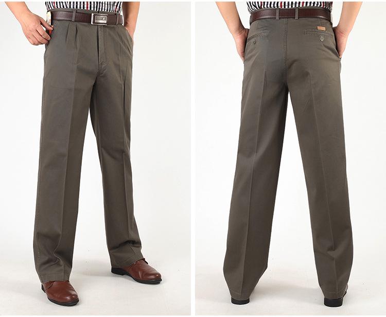 Dad's Pants Men's High Waist Cotton Double Pleated Loose Fit Pants for Spring & Autumn