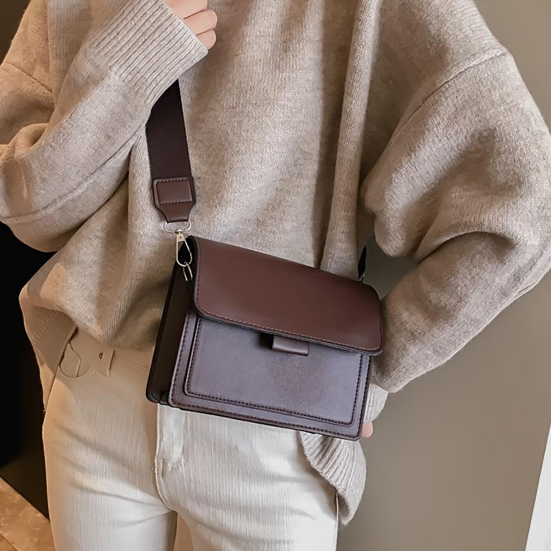 Vintage Solid Color Women'S Crossbody Bag, Simple Texture Versatile Wide Shoulder Strap Fashion Small Square Bag, Detachable Adjustable Shoulder Strap