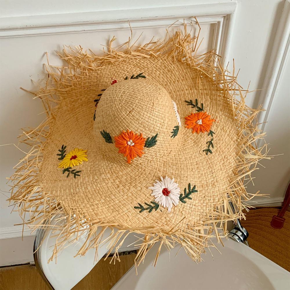 Wide Brim Embroidered Flower Straw Hat Embroidered Flower Weave Hat Beach Hat  Outdoor Embroidered Flower