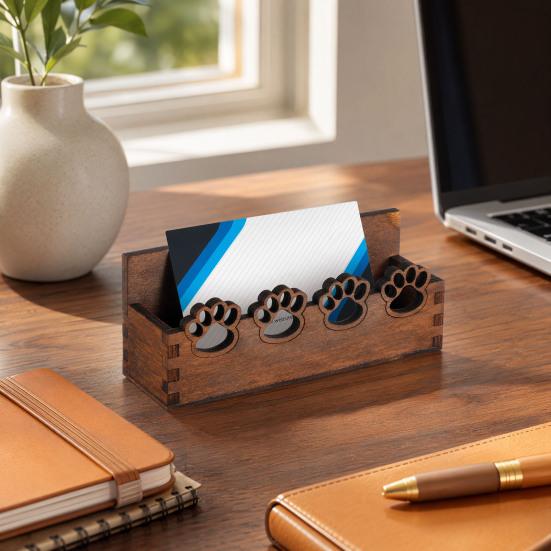 Wood Business Card Holder for Desk, Cute Paw Print Display Stand for Postcards Office Home, Rustic Desktop Tabletop Organizer