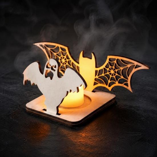 Festival Theme Lighting Halloween Candle Holder, Spooky Pumpkin Bat Shadow Tealight Party Scene Props Vintage Wooden Candlestick Ornament for