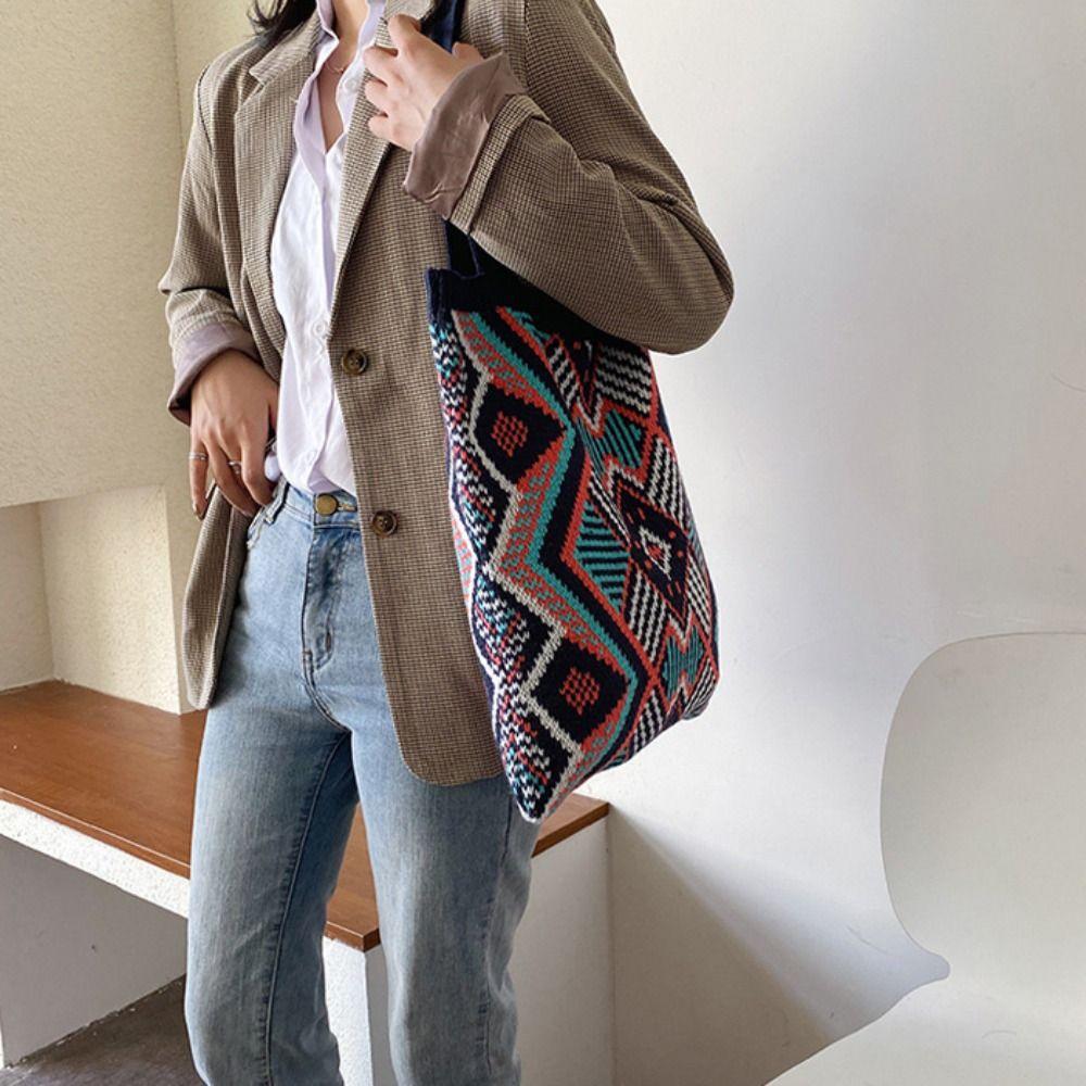 

Color Blocking Crochet Tote Bag Mommy Bag Geometric Shoulder Bag Streetwear белый