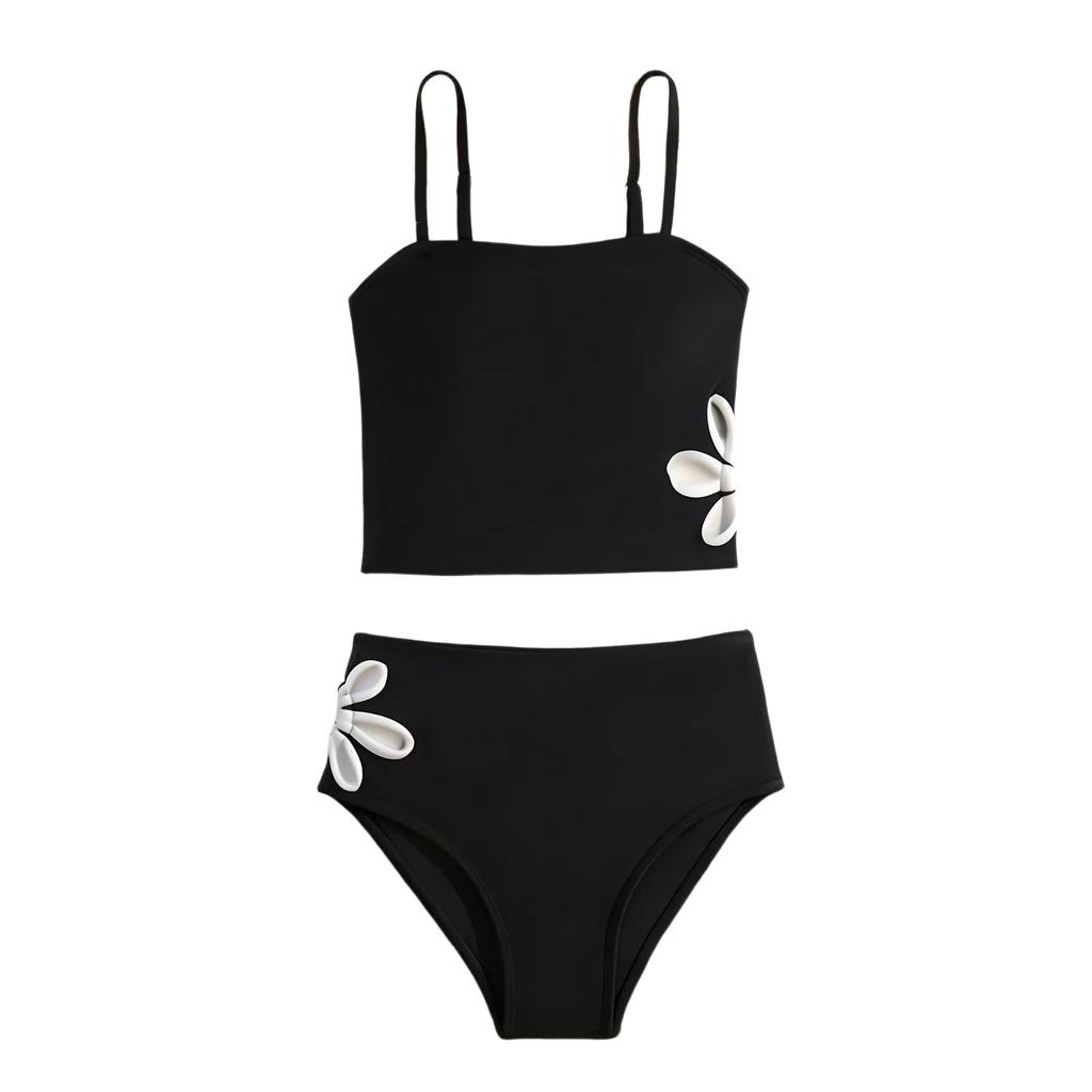 Girls Two Piece Swimsuit Set Tankini Top with Adjustable Straps High Waist Bottom Swimwear for Kids Beach Pool