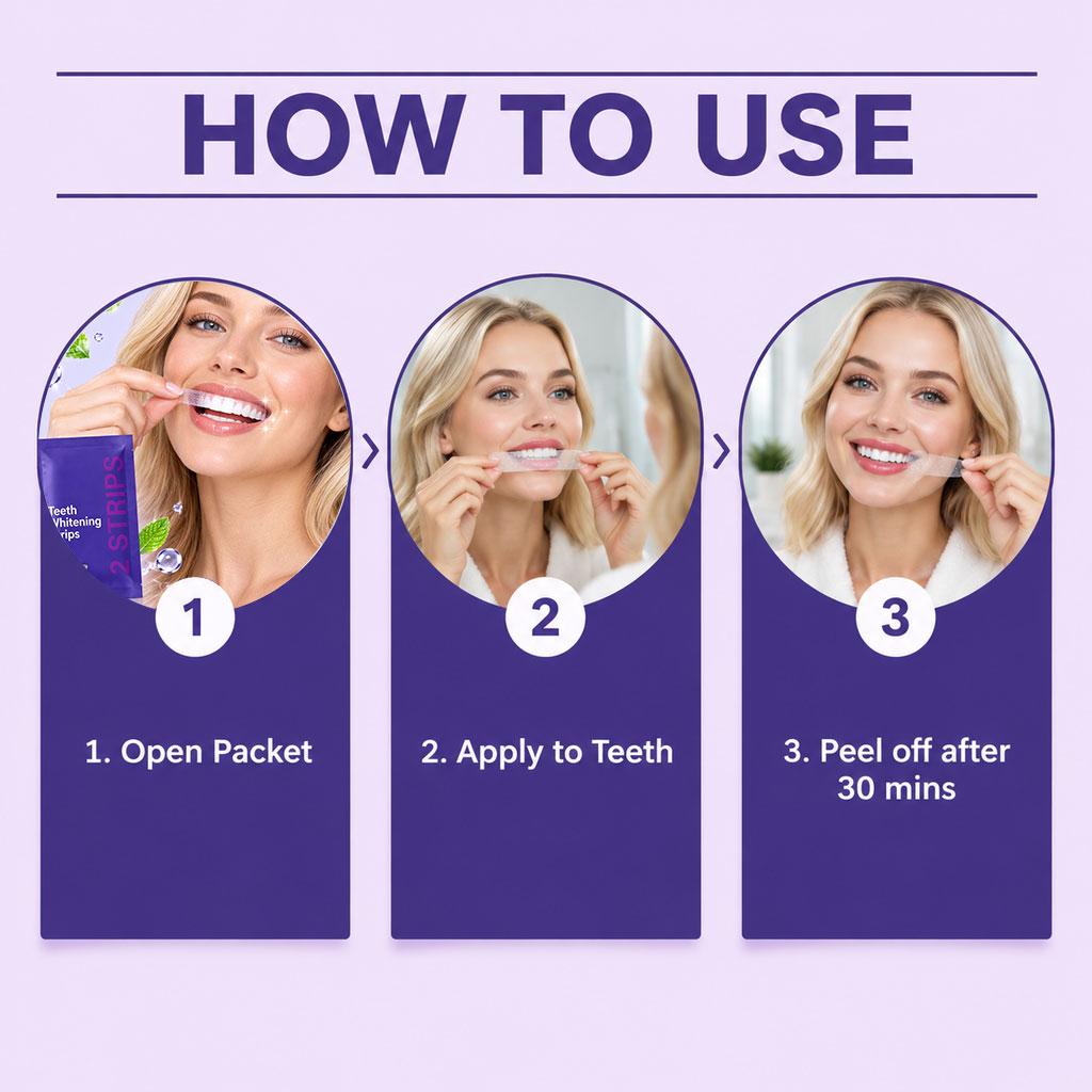 Teeth whitening strips: precisely fit the teeth, gently brighten the tooth color, leave a fresh scent, and are portable and easy to use