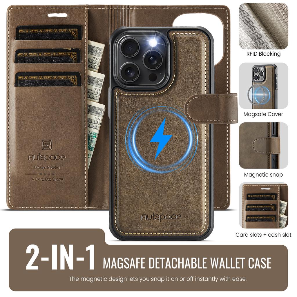 2-in-1 Magnetic Detachable Wallet Case for iPhone 16/16 Pro/16 Pro Max/16 Plus/16e - PU Leather, Card Slots, MagSafe Charging, 360° Protection