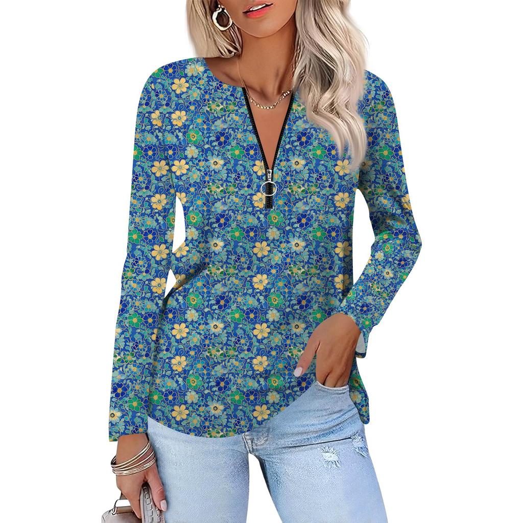 Damenmode Lässig Bedruckt Reißverschluss V-Ausschnitt Langarm Shirt Tops