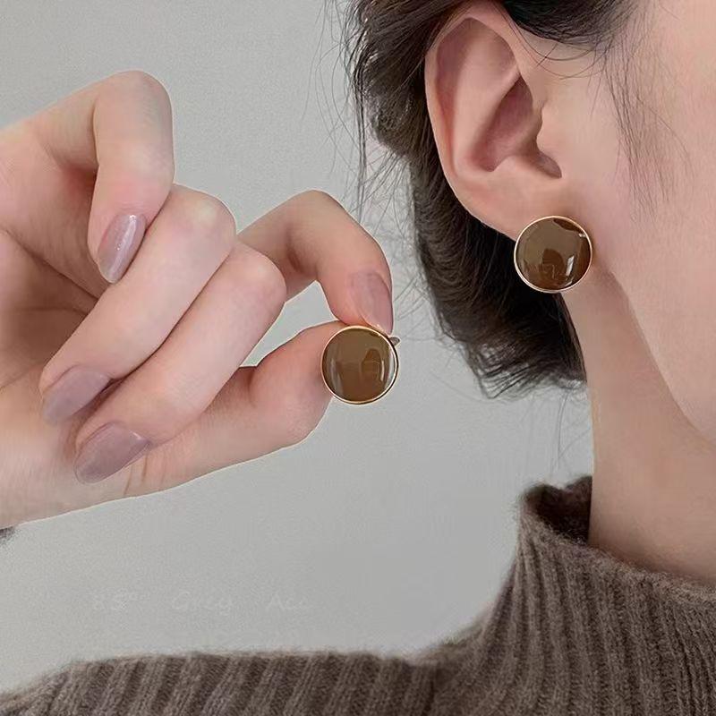 Retro Simple Geometry Square Circle Maillard Drop Glaze Coffee-colored Stud Earrings for Women Fashion Temperament Zircon Gifts