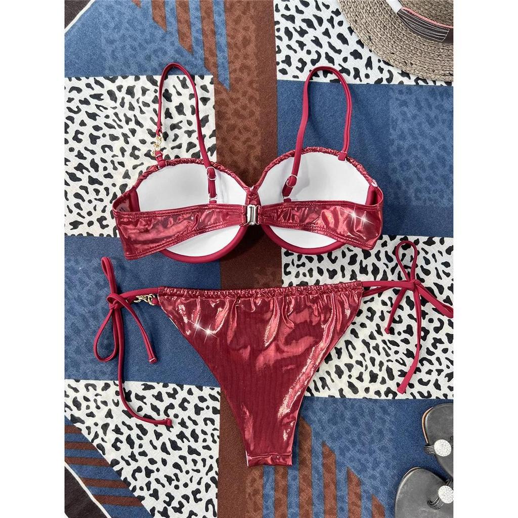 PU Suni Deri Balenli Sütyen Kupalı Bikini Kadın Mayo Bayan Mayo İki Parçalı Bikini Seti Yüzücü Mayo