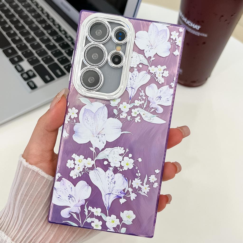 Samsung S25 Ultra Mobile Phone Case Laser Texture Flower and Grass Lens Film S24FE Bracelet A56 Electroplated Hard Shell