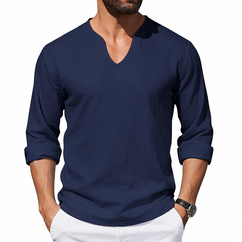 Men Casual Loose V Neck Long Sleeve Linen T Shirt Big Size