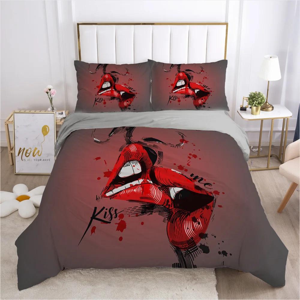 Sexy Lips Kiss Me Duvet Cover Sets 100% Hot Home Hotel Wendding Bedding Set Couples Lovers Art Kiss Pattern Bedclothes Cover