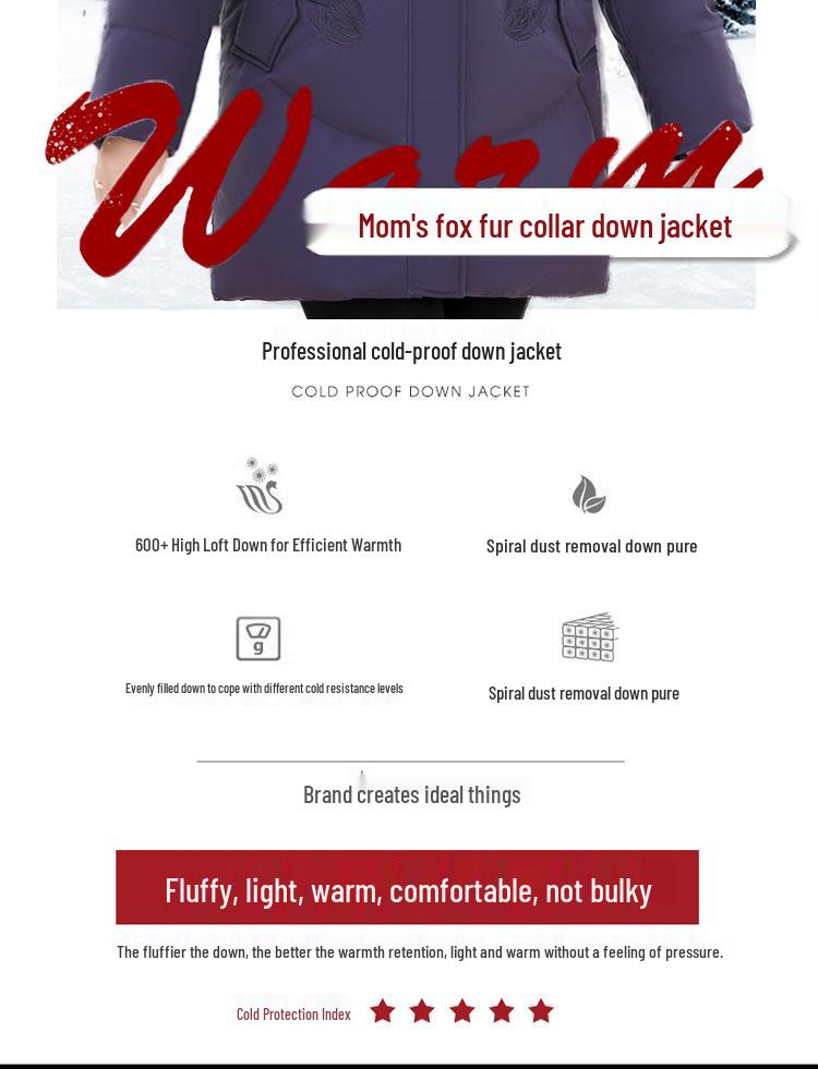 Dámská extra silná odepínací péřová bunda - Teplé zimní svrchní oblečení pro mámy středního věku, Dostupné ve větších velikostech, Peří z bílé kachny.