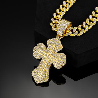 18K Gold Plated Cross Pendant Necklace Zircon Stones Cuban Link Chain Religious Christian Jewelry for Children's Unisex Hip Hop