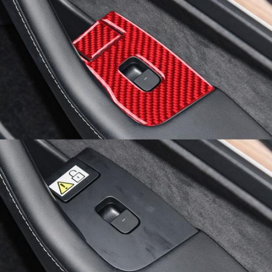 4x Red Carbon Fiber Car Window Lift Switch Panel Cover For Tesla Model 3 Y 17-22