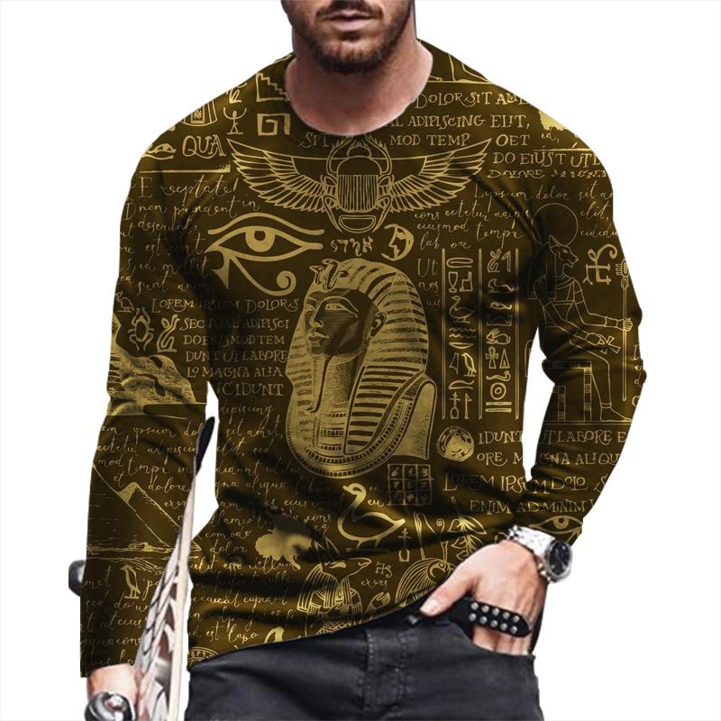 Antik Mısır 3D Baskılı Sonbahar Erkek O-Yaka Tişört Rahat Uzun Kollu Büyük Boy Kazak Moda Üstleri Sokak Giyim Erkek Giyim