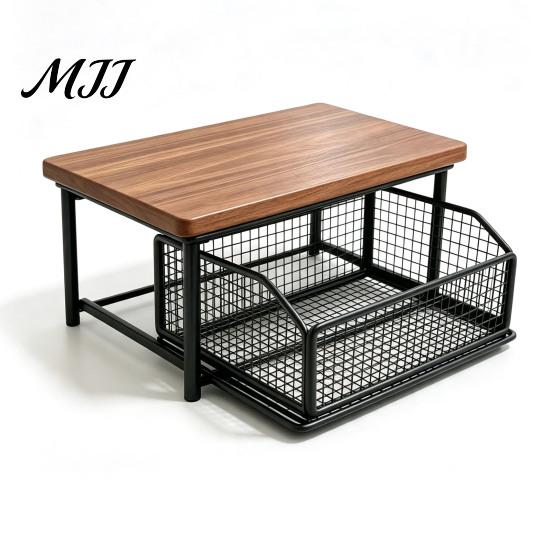 Space Saving Countertop Organizer Coffee Maker Storage Rack with Drawer, Wooden Metal Machine Stand Bar Organizer, Strong Load Bearing for