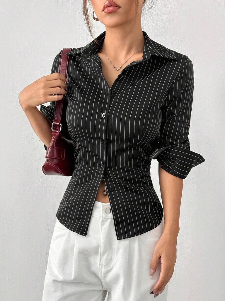 Frühlings Damen Gestreifter Enganliegender Cardigan Knopf Langarm Hemd