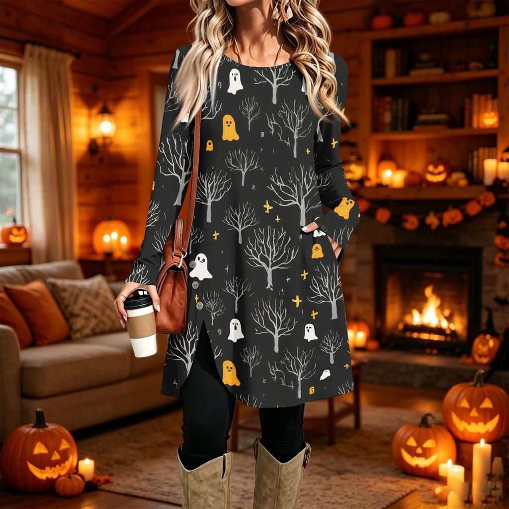 Women's Casual Long Sleeve Printed Round Neck Dress for Everyday Fashion