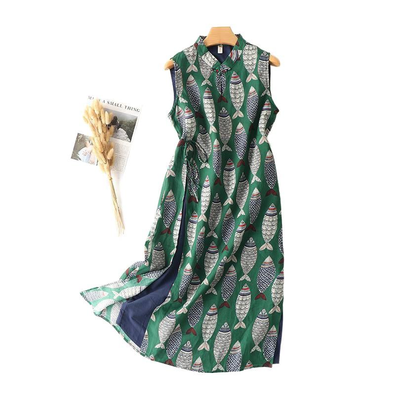Women's Improved Cheongsam Summer Linen Style Retro Fish Print Frog Button Sleeveless Stand Collar Thin Fresh Midi Dress