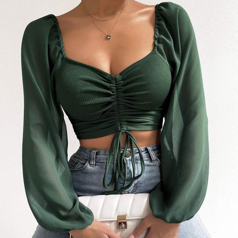 WTEMPO Women's V-Neck Off-Shoulder Blouses Summer Drawstring Bandage Long Sleeve Tops Ladies Korean Fashion Short Clothes