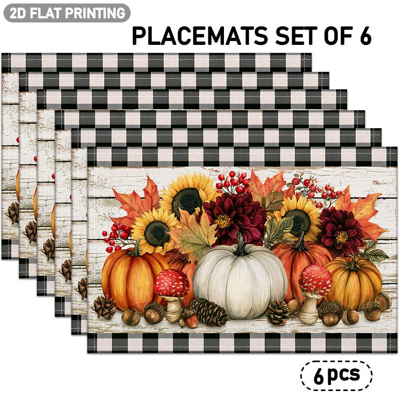 4/6pcs, Black And White Checkered Border, Pumpkin, Sunflower, Maple Leaf, Pinecone Pattern Placemats, Autumn Theme Table Mats, Suitable for Halloween