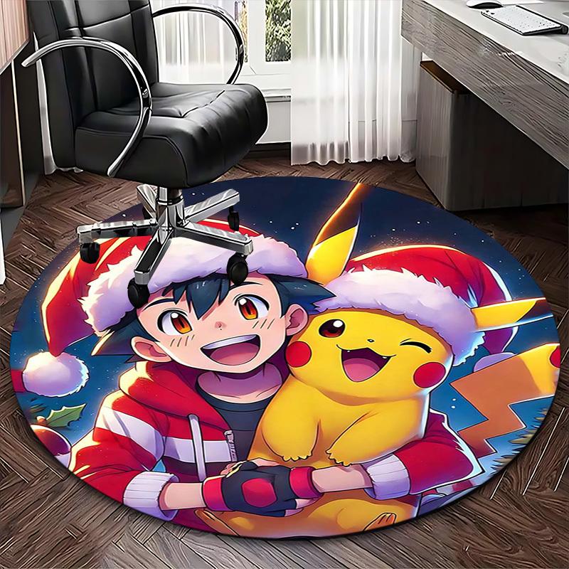 1pc Christmas Pikachu & Trainer Round Carpet - Anime Design, Holiday Gift, Office Chair Mat