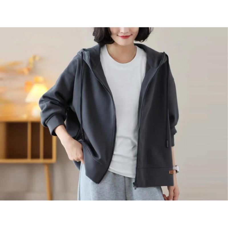 Women's Spring and Autumn Loose Casual Hooded Sweatshirt with Letter Zipper Cardigan Jacket