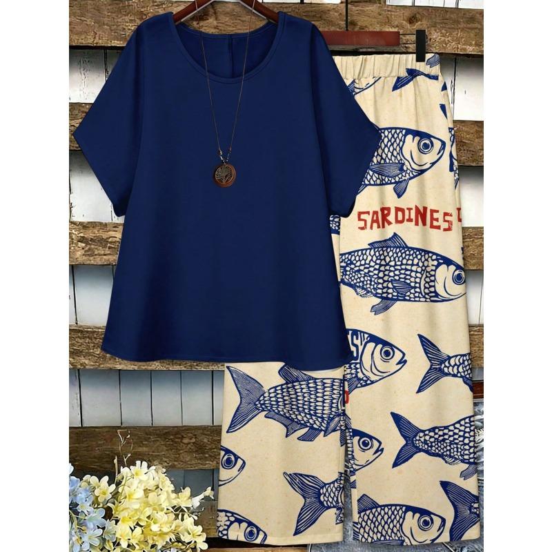 Women's Plus-size Summer New Style Casual Short-sleeved Printed Wide-leg Pants Top and Pants Two-piece Set