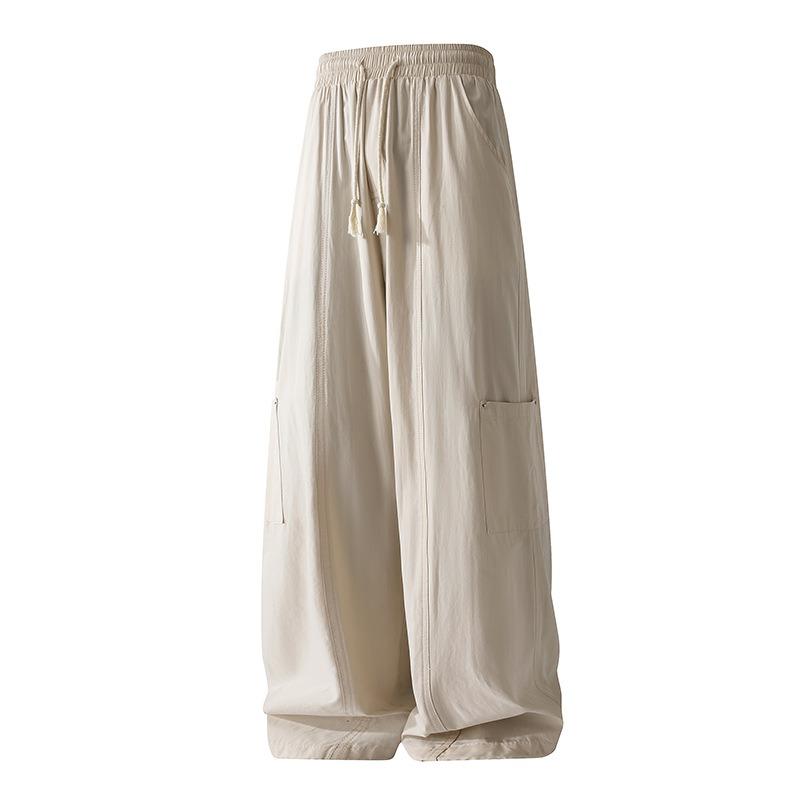 Summer Men's Cargo Wide Leg Pants Drawstring Elastic Waist Baggy Trousers