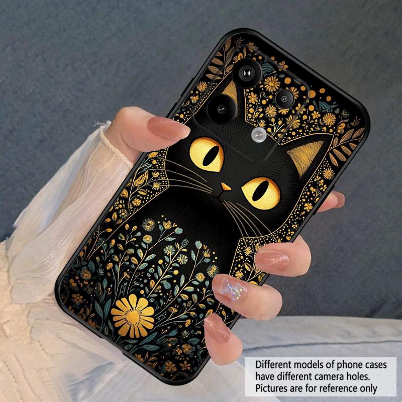 Flower Cat Black For Redmi Note 10 11 Note12S 12 13 14 Pro Plus 5G 14S 4G 13ProPlus 9S 9 P ro 13C 14C silicone soft phone case