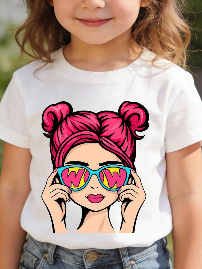 Childrens Shortsleeved Tshirts for Boys and Girls Loose and Breathablepop Art Girl Wow Sunglasses Cartoon Girl Retro Pop