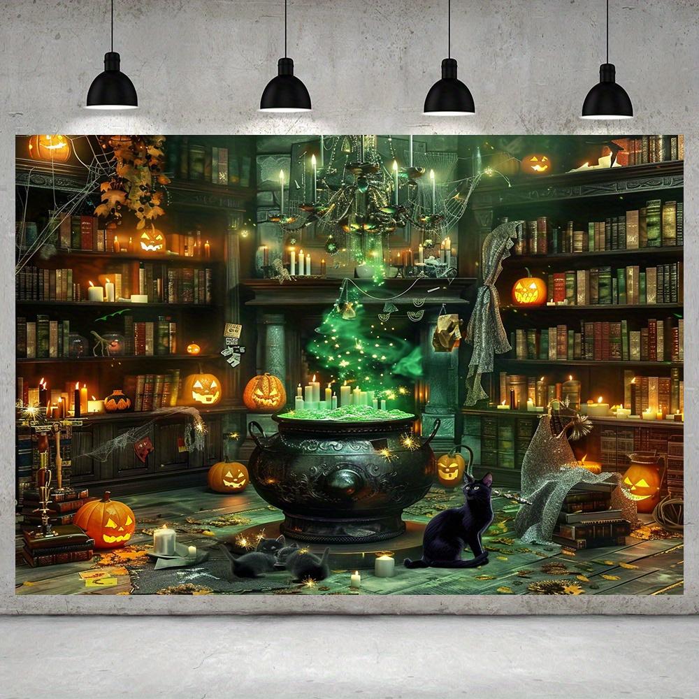 2D Flat Banner 1PC Halloween At the Magic Library Scenes of the Witch's Big Pot Pumpkin Lanterns and Spell Books