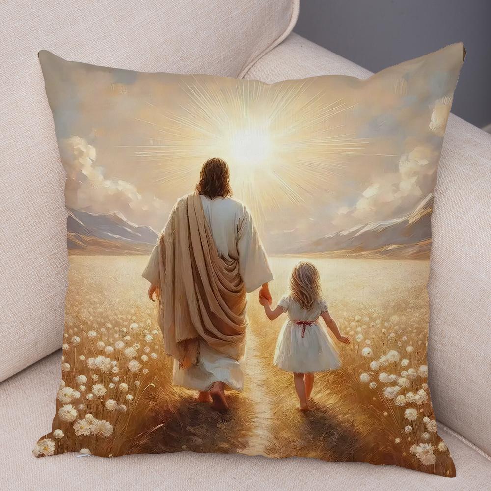 Catoon Jesus Christ Cushion Cover for Sofa Home Double Print Decor Colorful Christ Savior Pillow Case Soft Plush Pillowcase