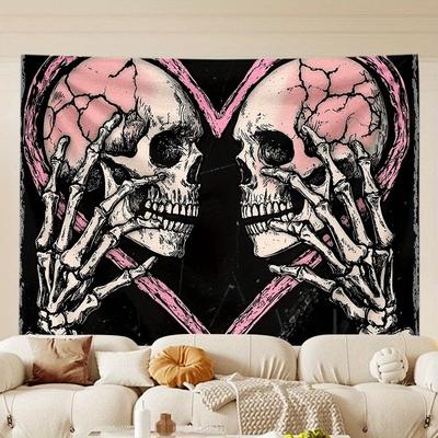 Pink Skull Couple Tapestry Gothic Romantic Skeleton Heart Print for Bedroom Dorm Altar Decor