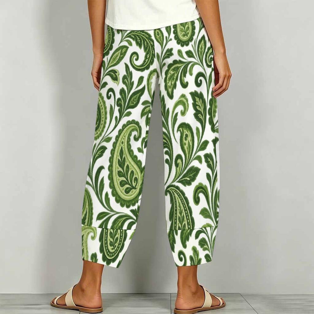 Women Plus Size Navy Blue Floral Paisley Printed Loose Cross Hem Cropped Pants With Pockets