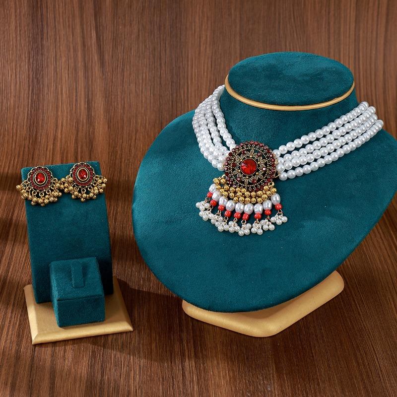 Meier Multi-layered pearl necklace, rice bead tassel earrings, retro bohemia ethnic style jewelry